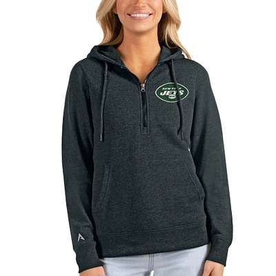 Women's Antigua Heathered Charcoal New York Jets Action Half-Zip Hoodie