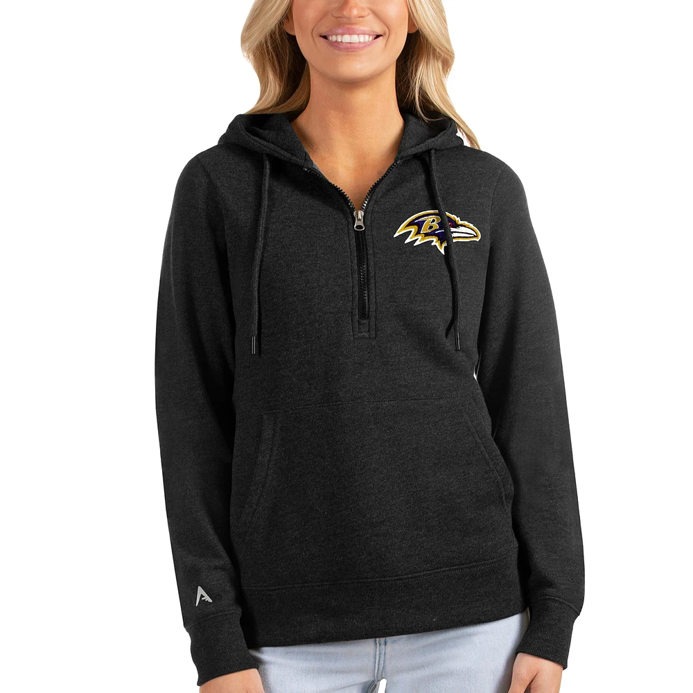 Women's Antigua Heathered Black Baltimore Ravens Action Half-Zip Hoodie