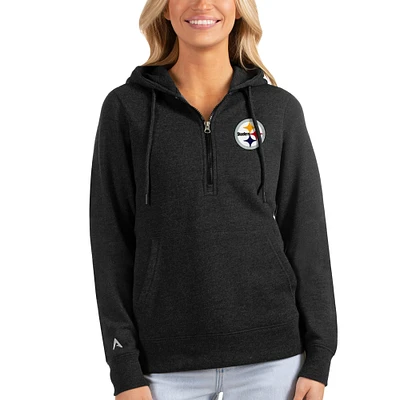 Women's Antigua Heathered Black Pittsburgh Steelers Action Half-Zip Hoodie