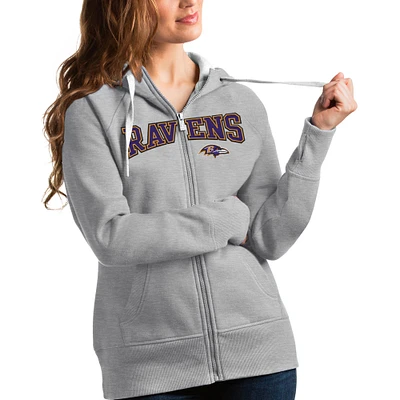 Women's Antigua Heathered Gray Baltimore Ravens Wordmark Victory Full-Zip Hoodie