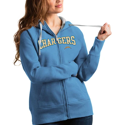 Women's Antigua Powder Blue Los Angeles Chargers Wordmark Victory Full-Zip Hoodie
