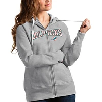 Women's Antigua Heathered Gray Miami Dolphins Wordmark Victory Full-Zip Hoodie