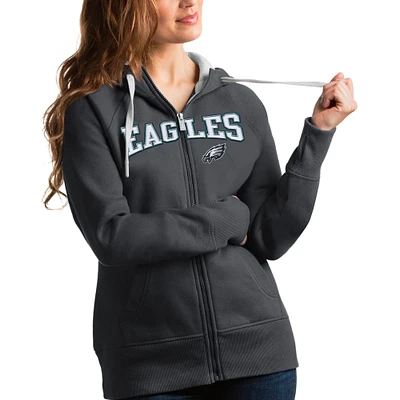 Women's Antigua Charcoal Philadelphia Eagles Wordmark Victory Full-Zip Hoodie