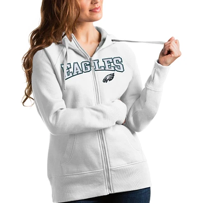 Women's Antigua White Philadelphia Eagles Wordmark Victory Full-Zip Hoodie