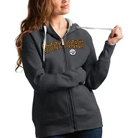 Women's Antigua Charcoal Pittsburgh Steelers Wordmark Victory Full-Zip Hoodie