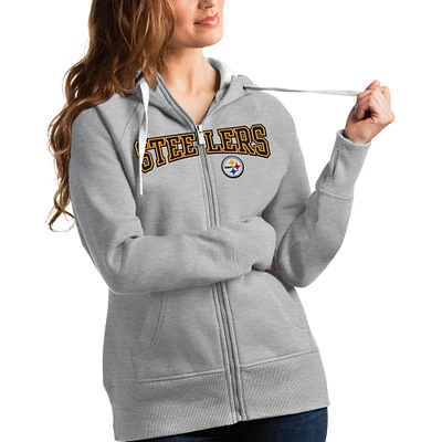 Women's Antigua Heathered Gray Pittsburgh Steelers Wordmark Victory Full-Zip Hoodie
