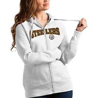 Women's Antigua White Pittsburgh Steelers Wordmark Victory Full-Zip Hoodie