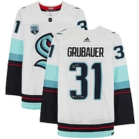 Philipp Grubauer Seattle Kraken Autographed White adidas Authentic Jersey with ''Release The Kraken'' Inscription and Inaugural Season Jersey Patch