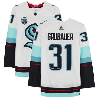 Philipp Grubauer Seattle Kraken Autographed White adidas Authentic Jersey with ''Release The Kraken'' Inscription and Inaugural Season Jersey Patch