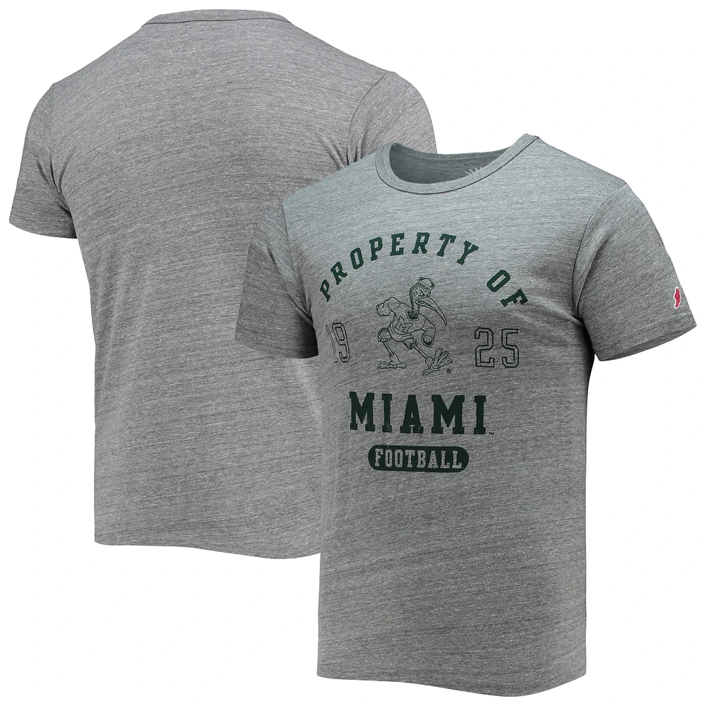 Men's League Collegiate Wear Heathered Gray Miami Hurricanes Hail Mary Football Victory Falls Tri-Blend T-Shirt