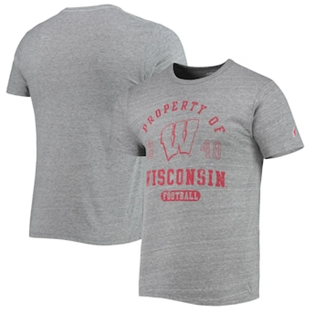 Men's League Collegiate Wear Heathered Gray Wisconsin Badgers Hail Mary Football Victory Falls Tri-Blend T-Shirt