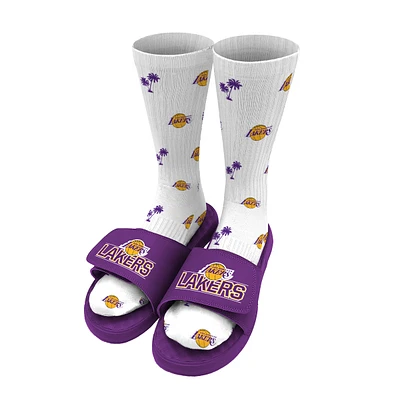 Men's ISlide White Los Angeles Lakers Pattern Socks & Slide Sandals Bundle