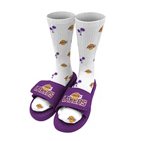Men's ISlide White Los Angeles Lakers Pattern Socks & Slide Sandals Bundle