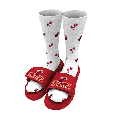 Men's ISlide White Miami Heat Pattern Socks & Slide Sandals Bundle