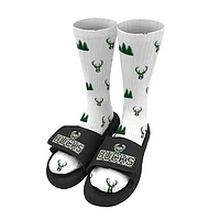 Men's ISlide White Milwaukee Bucks Pattern Socks & Slide Sandals Bundle