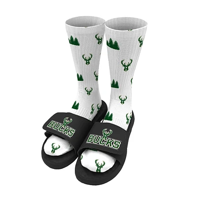 Men's ISlide White Milwaukee Bucks Pattern Socks & Slide Sandals Bundle