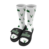 Men's ISlide White Milwaukee Bucks Pattern Socks & Slide Sandals Bundle
