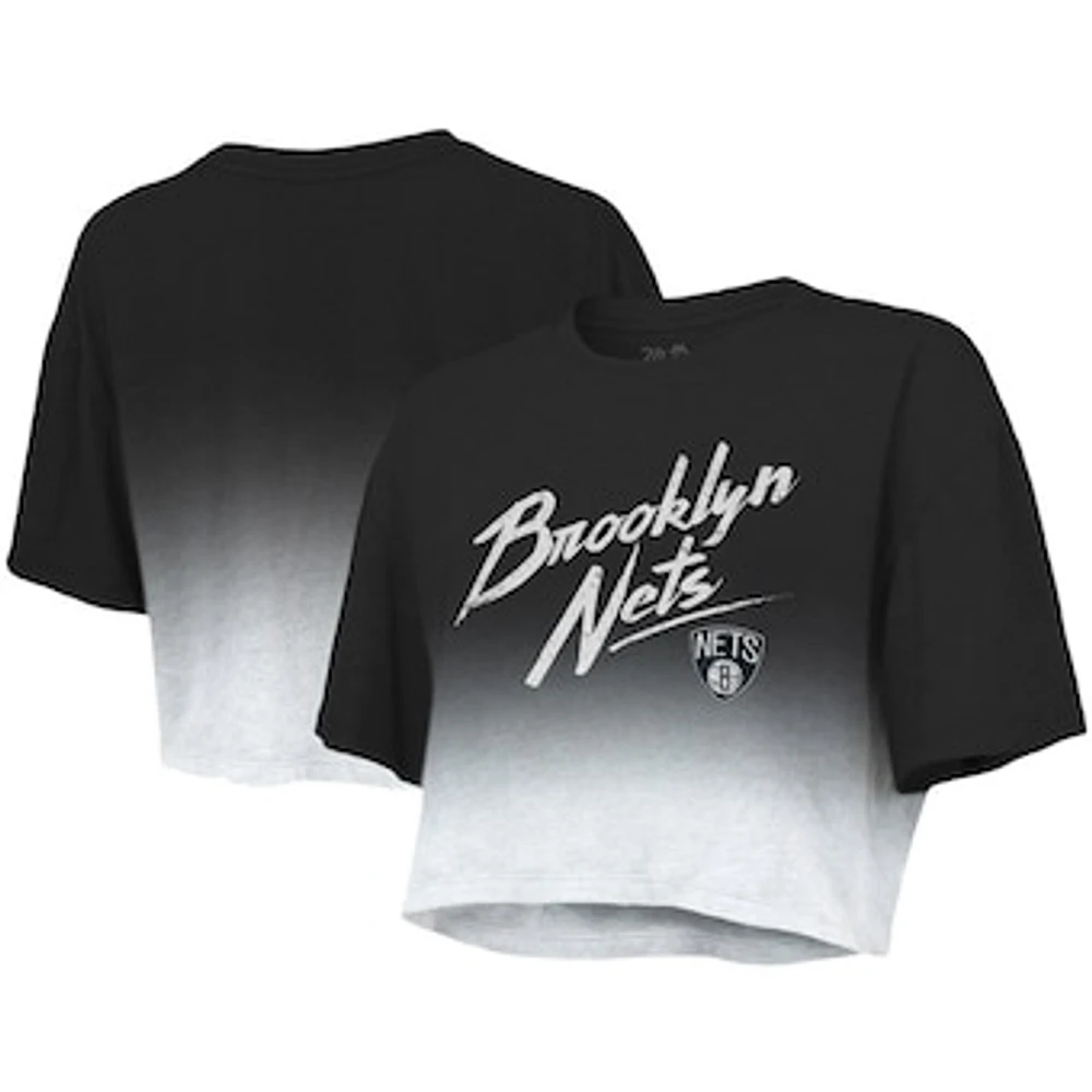 Women's Majestic Threads Black/White Brooklyn Nets Dirty Dribble Tri-Blend Cropped T-Shirt