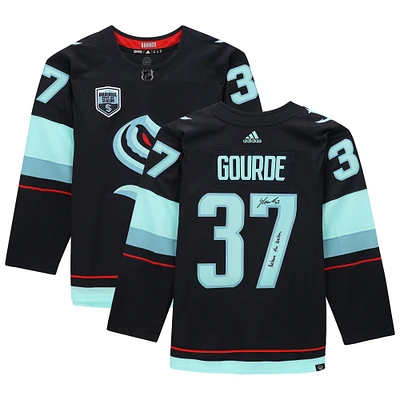 Yanni Gourde Seattle Kraken Autographed Deep Sea Blue adidas Authentic Jersey with "Release The Kraken" Inscription and Inaugural Season Jersey Patch