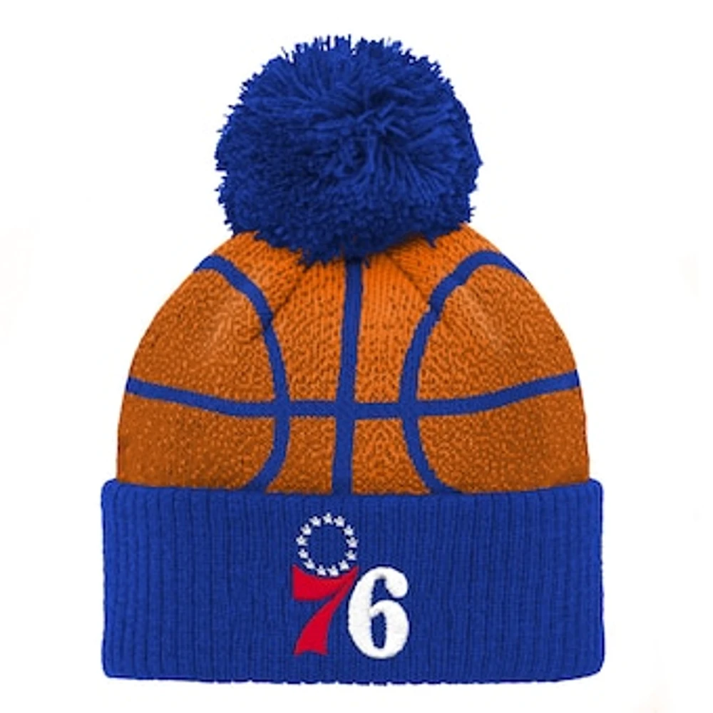 Youth Orange/Royal Philadelphia 76ers Basketball Head - Cuffed Knit Hat with Pom