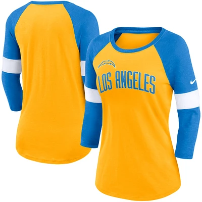 Women's Nike Los Angeles Chargers Heather Gold/Heather Powder Blue Football Pride Raglan 3/4-Sleeve T-Shirt