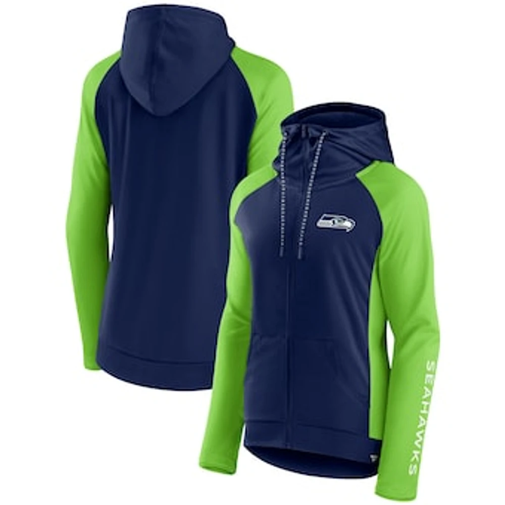 Women's Fanatics College Navy/Neon Green Seattle Seahawks End Around Lightweight Raglan Full-Zip Hoodie Jacket