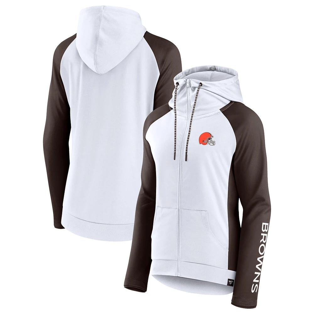 Women's Fanatics White/Brown Cleveland Browns End Around Lightweight Raglan Full-Zip Hoodie Jacket