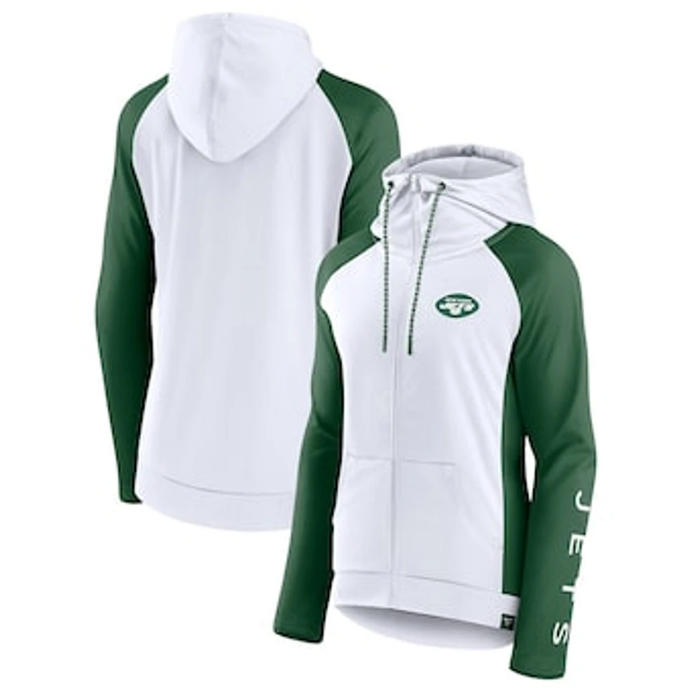 Women's Fanatics White/Green New York Jets End Around Lightweight Raglan Full-Zip Hoodie Jacket