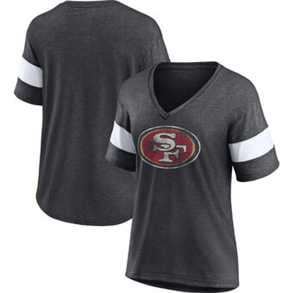 Women's Fanatics Heathered Charcoal San Francisco 49ers Distressed Team Tri-Blend V-Neck T-Shirt