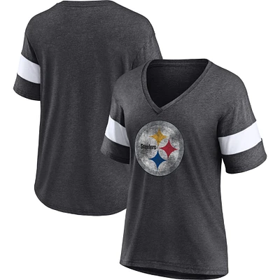 Women's Fanatics Heathered Charcoal/White Pittsburgh Steelers Distressed Team Tri-Blend V-Neck T-Shirt