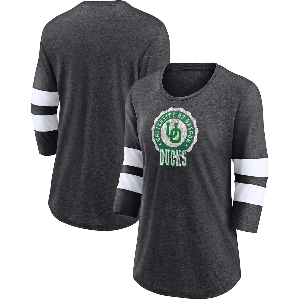 Women's Fanatics Heathered Charcoal Oregon Ducks Drive Forward Tri-Blend 3/4-Sleeve T-Shirt