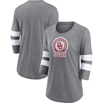 Women's Fanatics Heathered Gray Oklahoma Sooners Drive Forward Tri-Blend 3/4-Sleeve T-Shirt