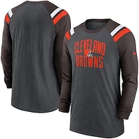 Men's Nike Heathered Charcoal/Brown Cleveland Browns Tri-Blend Raglan Athletic Long Sleeve Fashion T-Shirt