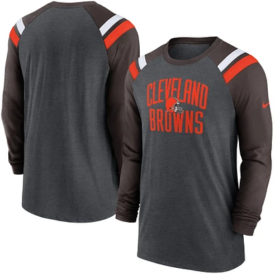 Men's Nike Heathered Charcoal/Brown Cleveland Browns Tri-Blend Raglan Athletic Long Sleeve Fashion T-Shirt