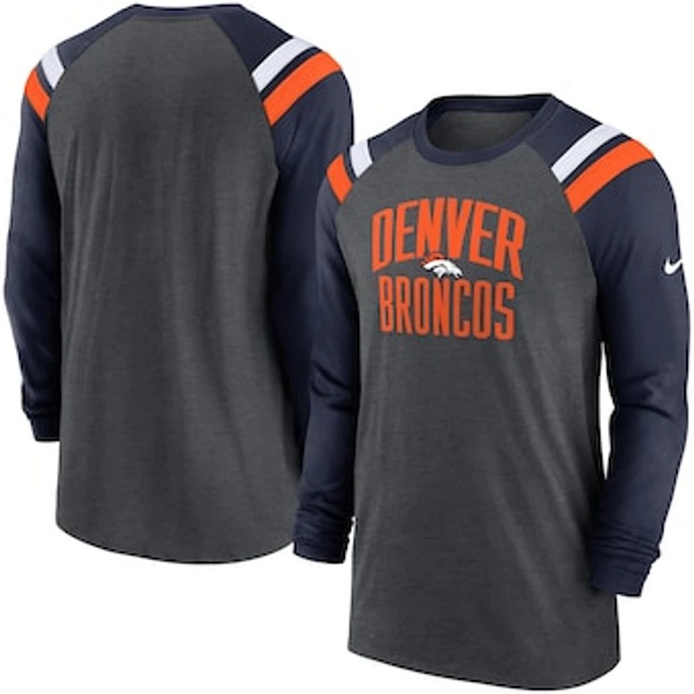 Men's Nike Heathered Charcoal/Navy Denver Broncos Tri-Blend Raglan Athletic Long Sleeve Fashion T-Shirt