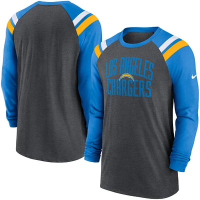 Men's Nike Heathered Charcoal/Powder Blue Los Angeles Chargers Tri-Blend Raglan Athletic Long Sleeve Fashion T-Shirt