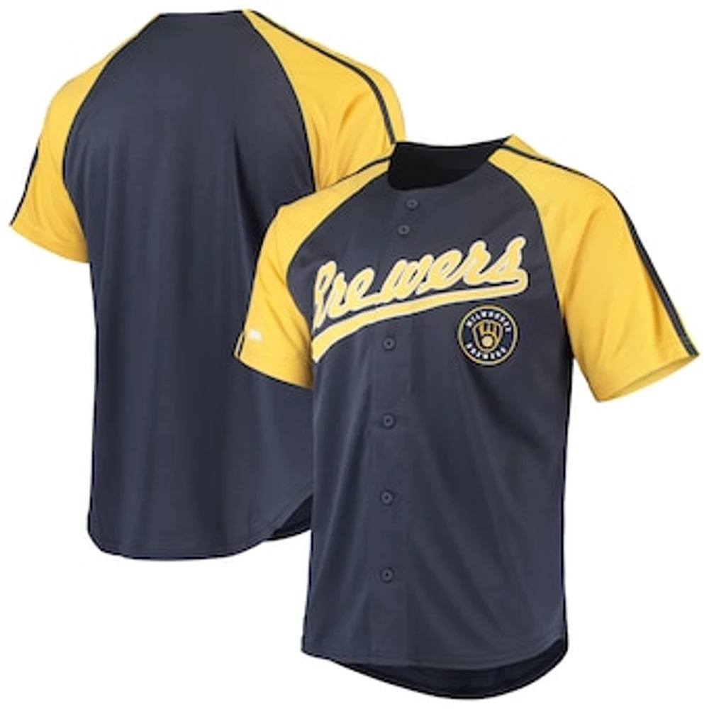 Men's Stitches Navy Milwaukee Brewers Button-Down Raglan Replica Jersey