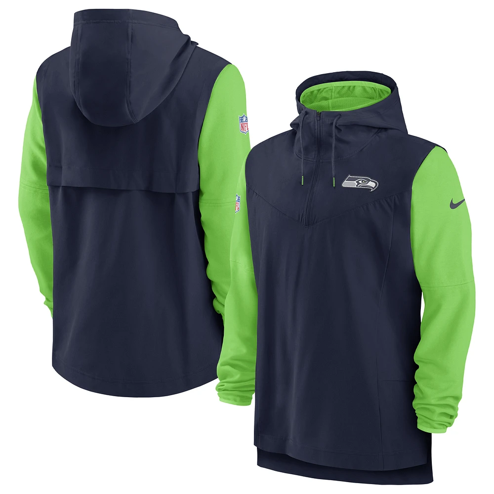 Men's Nike College Navy/Neon Green Seattle Seahawks Sideline Player Quarter-Zip Hoodie Jacket