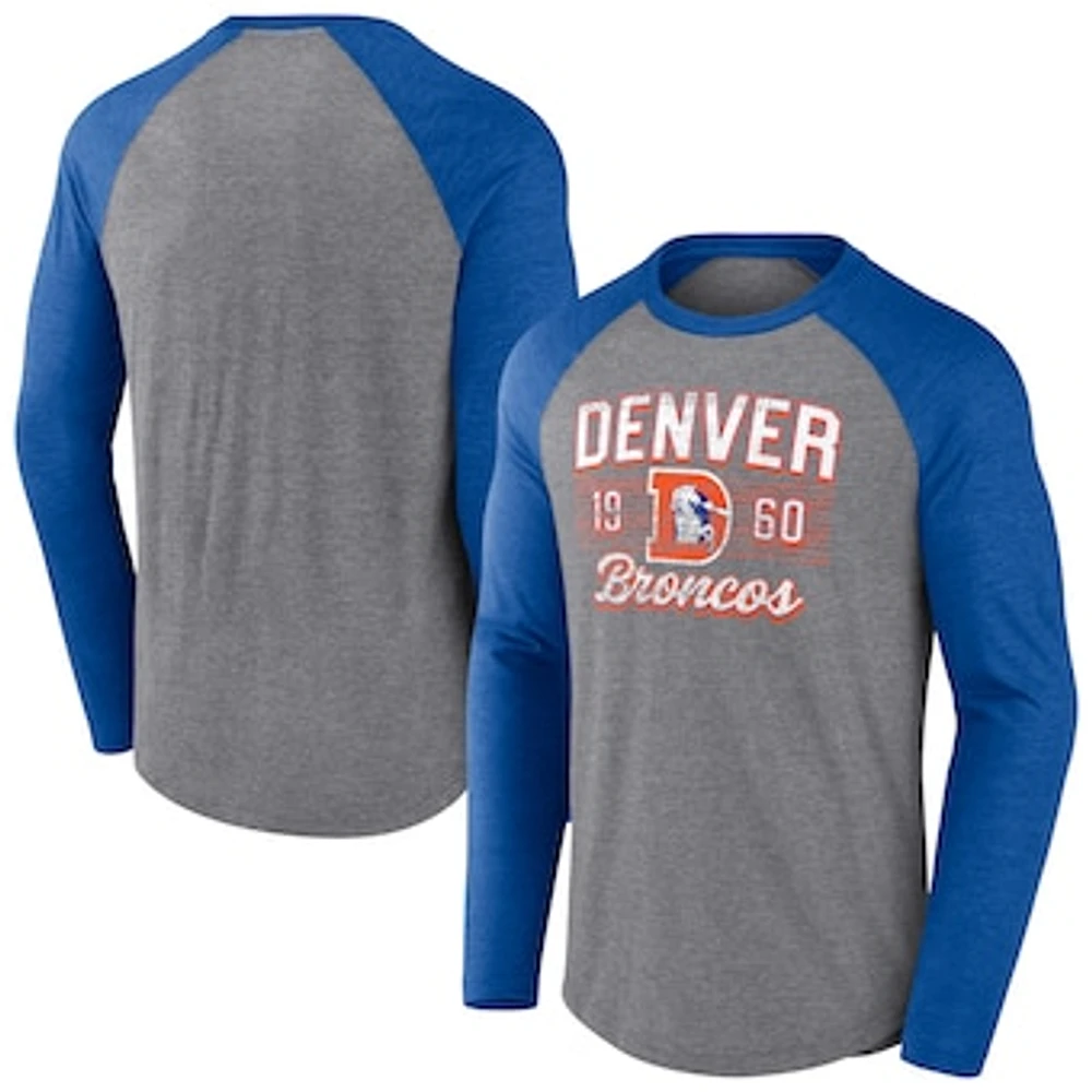 Men's Fanatics Heathered Gray/Heathered Royal Denver Broncos Weekend Casual Raglan Long Sleeve T-Shirt