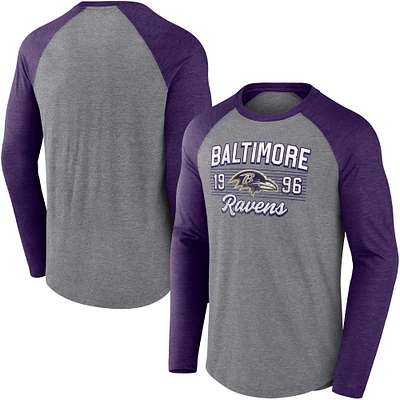 Men's Fanatics Heathered Gray/Heathered Purple Baltimore Ravens Weekend Casual Raglan Long Sleeve T-Shirt