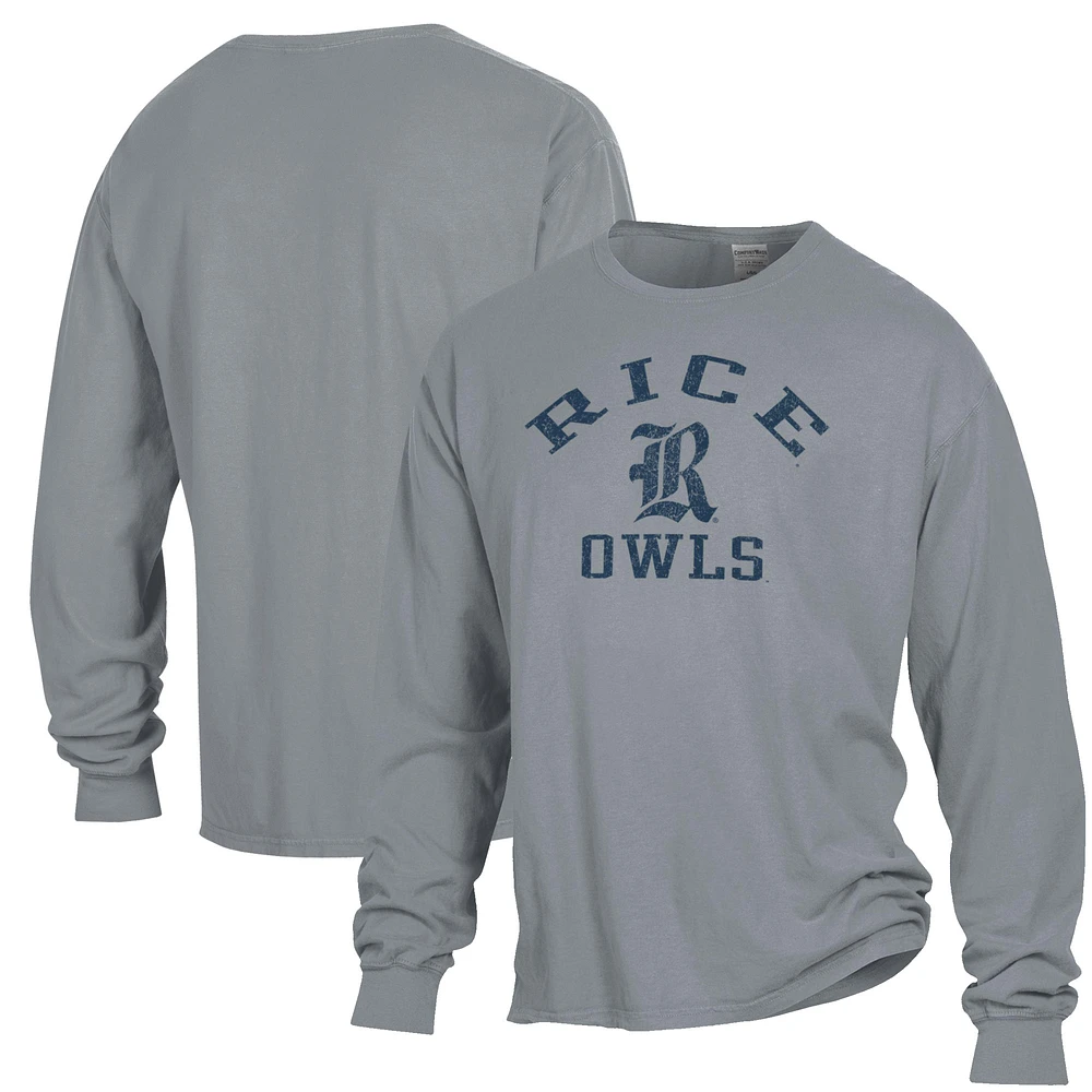 Men's ComfortWash Gray Rice Owls Arch Logo Garment Dyed Long Sleeve T-Shirt