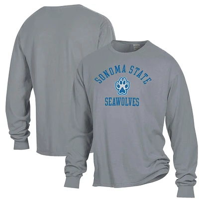 Men's ComfortWash Gray Sonoma State Seawolves Arch Logo Garment Dyed Long Sleeve T-Shirt