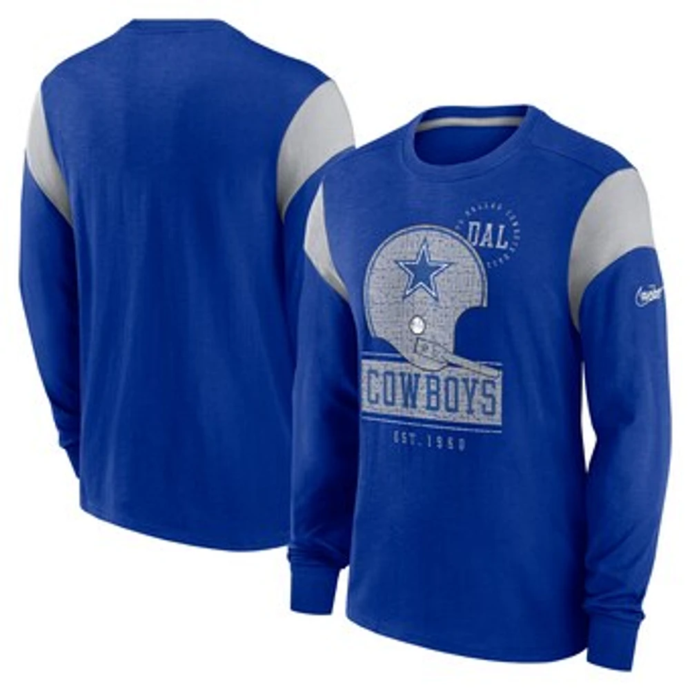 Men's Nike Heather Royal Dallas Cowboys Rewind Playback Helmet Long Sleeve T-Shirt