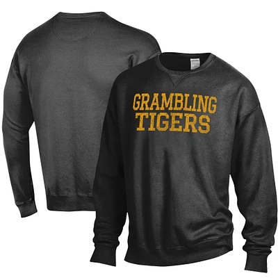Men's ComfortWash Black Grambling Tigers Stack Garment Dyed Crewneck Pullover Sweatshirt