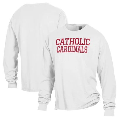 Men's ComfortWash White Catholic University Cardinals Stack Garment Dyed Long Sleeve T-Shirt