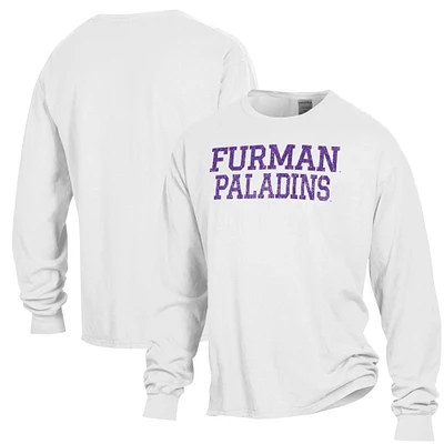 Men's ComfortWash White Furman Paladins Garment Dyed Long Sleeve T-Shirt