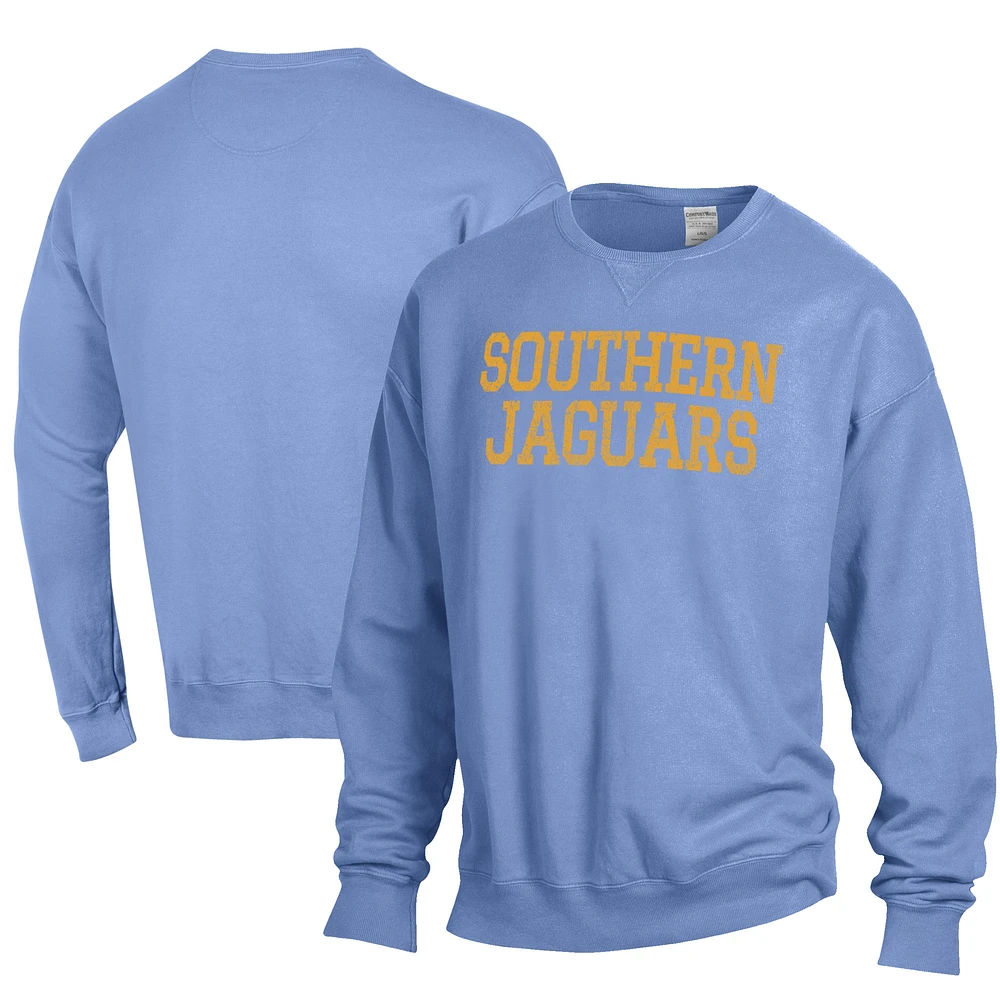 Men's ComfortWash Powder Blue Southern University Jaguars Garment Dyed Fleece Crewneck Pullover Sweatshirt