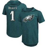 Men's Majestic Threads Jalen Hurts Midnight Green Philadelphia Eagles Player Name & Number Tri-Blend Slim Fit Hoodie T-Shirt