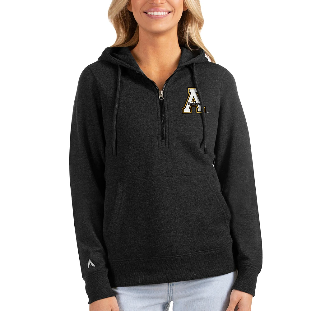 Women's Antigua Heathered Black Appalachian State Mountaineers Action Half-Zip Pullover Hoodie