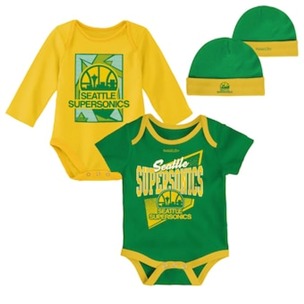 Infant Mitchell & Ness Green/Gold Seattle SuperSonics Hardwood Classics Bodysuits Cuffed Knit Hat Set